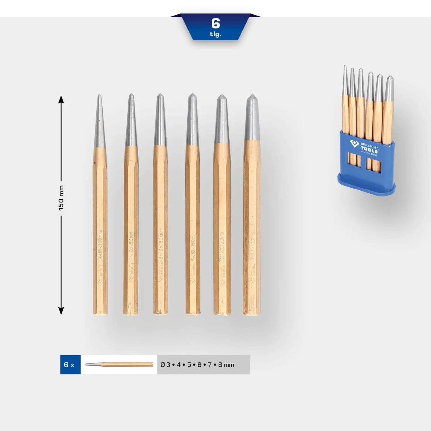 B-Ware Brilliant Tools Körner Satz Dorn Set Werkzeug Stahl 6tlg Kunststoffbox - 4042146866771