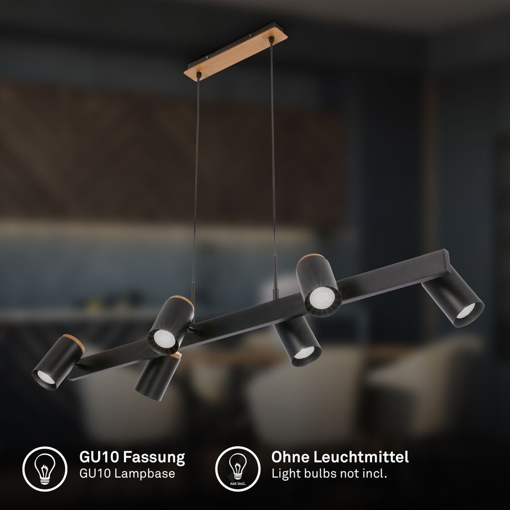 Briloner Pendelleuchte Hängeleuchte Schwarz Esstischlampe Holz GU10 LED 6-flg - 4002707485001