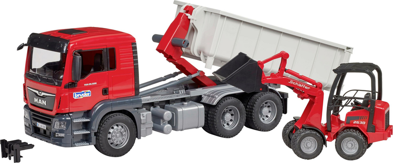 B-Ware Bruder Lkw Modell Man Tgs Fertigmodell Mit Abrollcontainer Und Schäffer Hoflader - 4001702037673