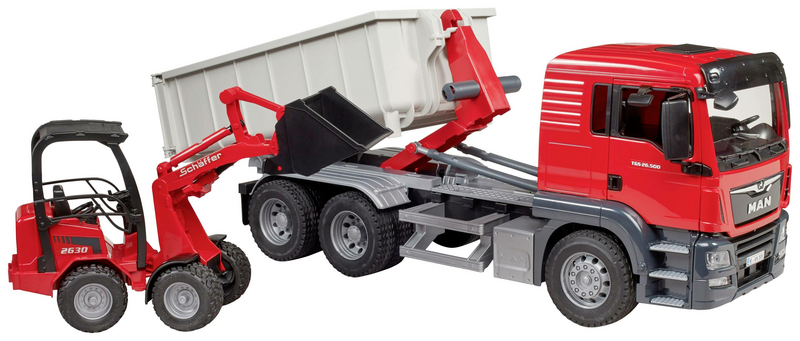 B-Ware Bruder Lkw Modell Man Tgs Fertigmodell Mit Abrollcontainer Und Schäffer Hoflader - 4001702037673