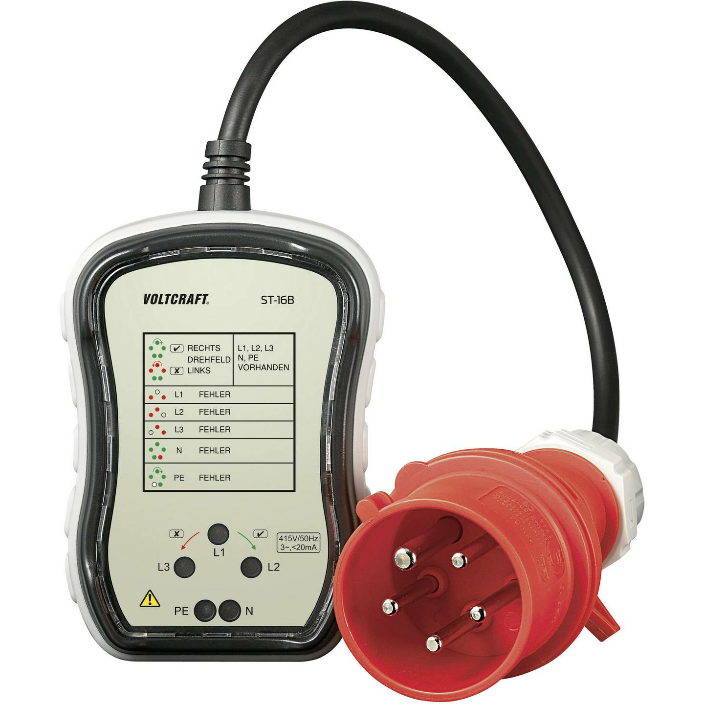 Testeur de prises triphasées Voltcraft St 16 B (produit reconditionné), calibré selon les normes d'usine, 40 x 115676