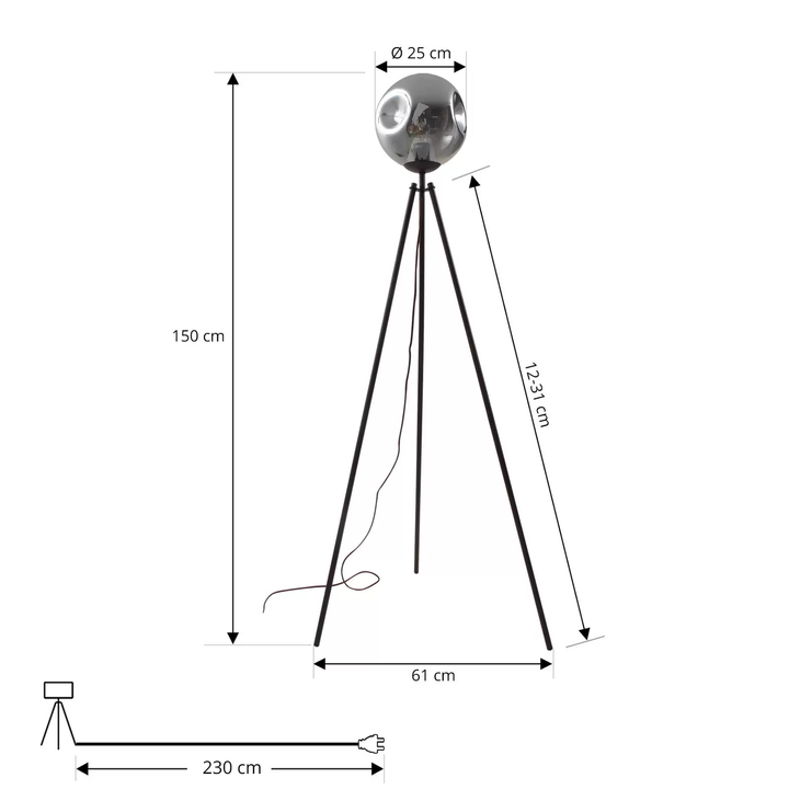 Lindby Stehleuchte Valentina Glas rauchgrau Tripod 150 cm Stehlampe Lampe Spot