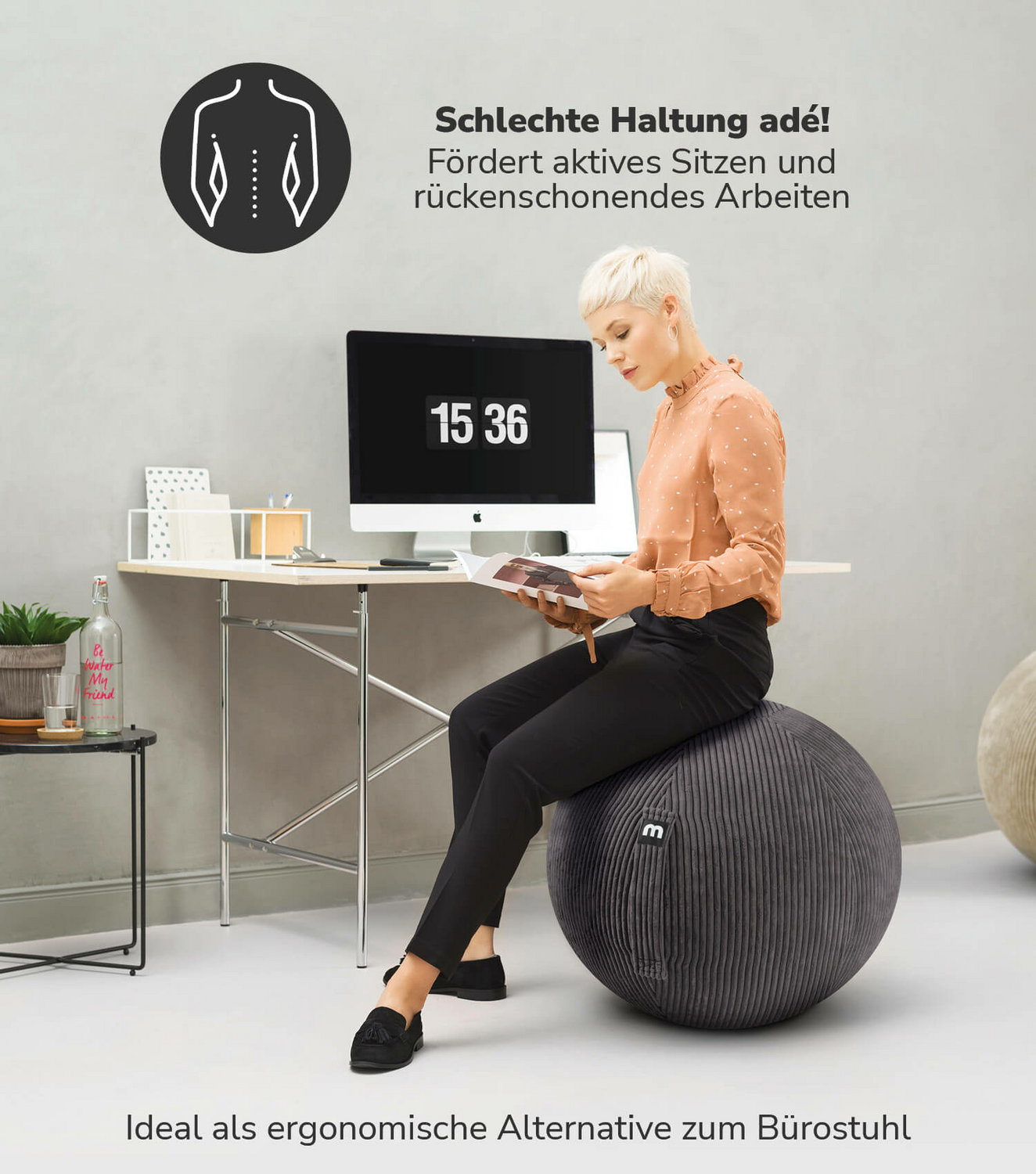 Ballon de gym ergonomique Mokebo en tissu pour bureau « The Sporty One », avec pompe ou produit de seconde main.