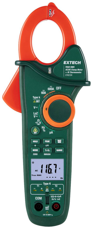 Thermomètre infrarouge numérique Extech Ex623 A, pince ampèremétrique, catégorie III, 600 V, affichage 6000, produit de seconde main.