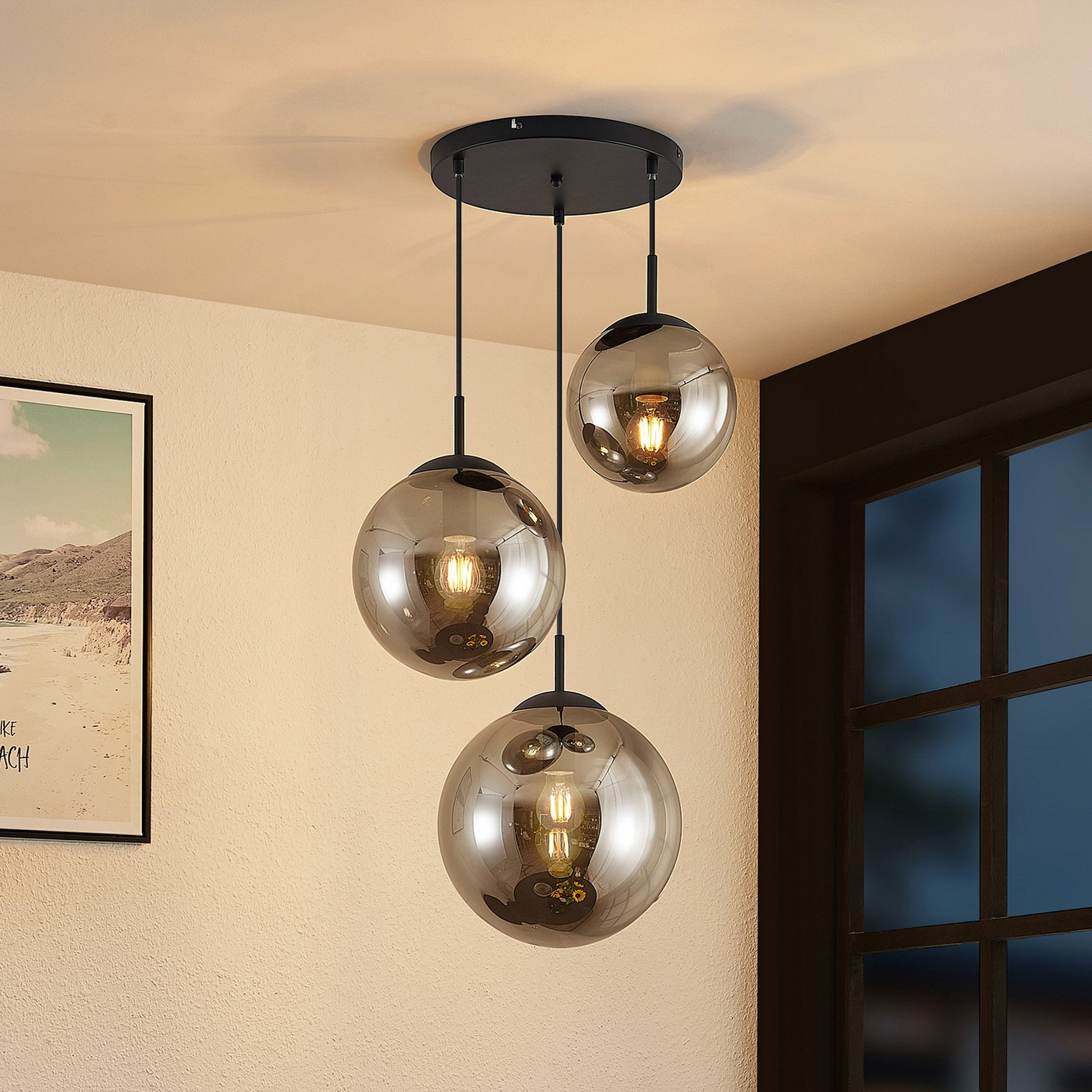 Suspension Lindby Teeja de catégorie B avec 3 globes en verre, lampe, suspension, IP20, Rauchg297