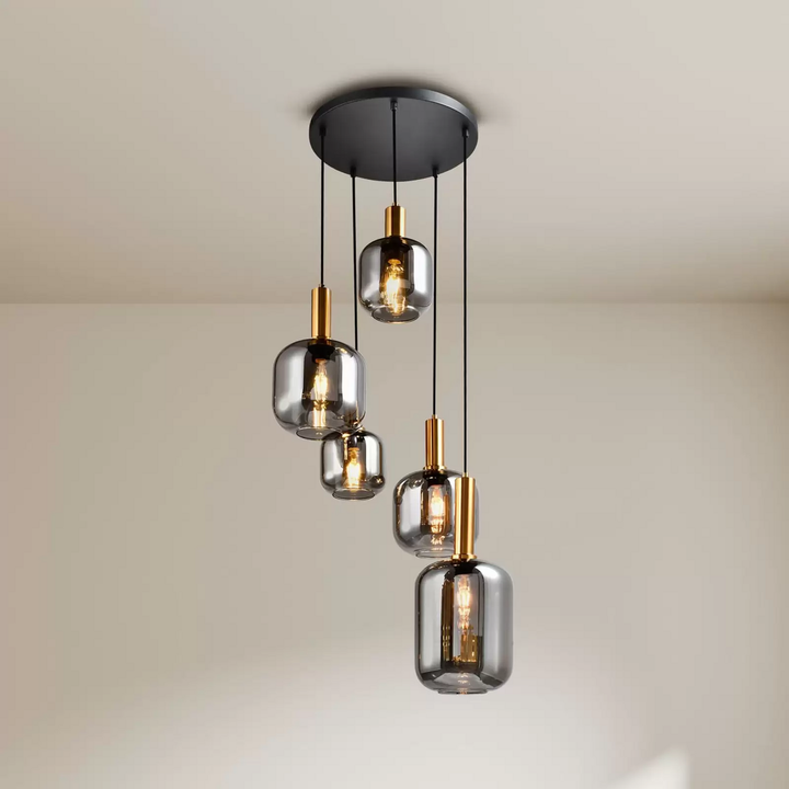 Näve Hängeleuchte Fumo Rauchglas Fünfflammig Rondell Lampe Leuchte Spot Licht B-Ware