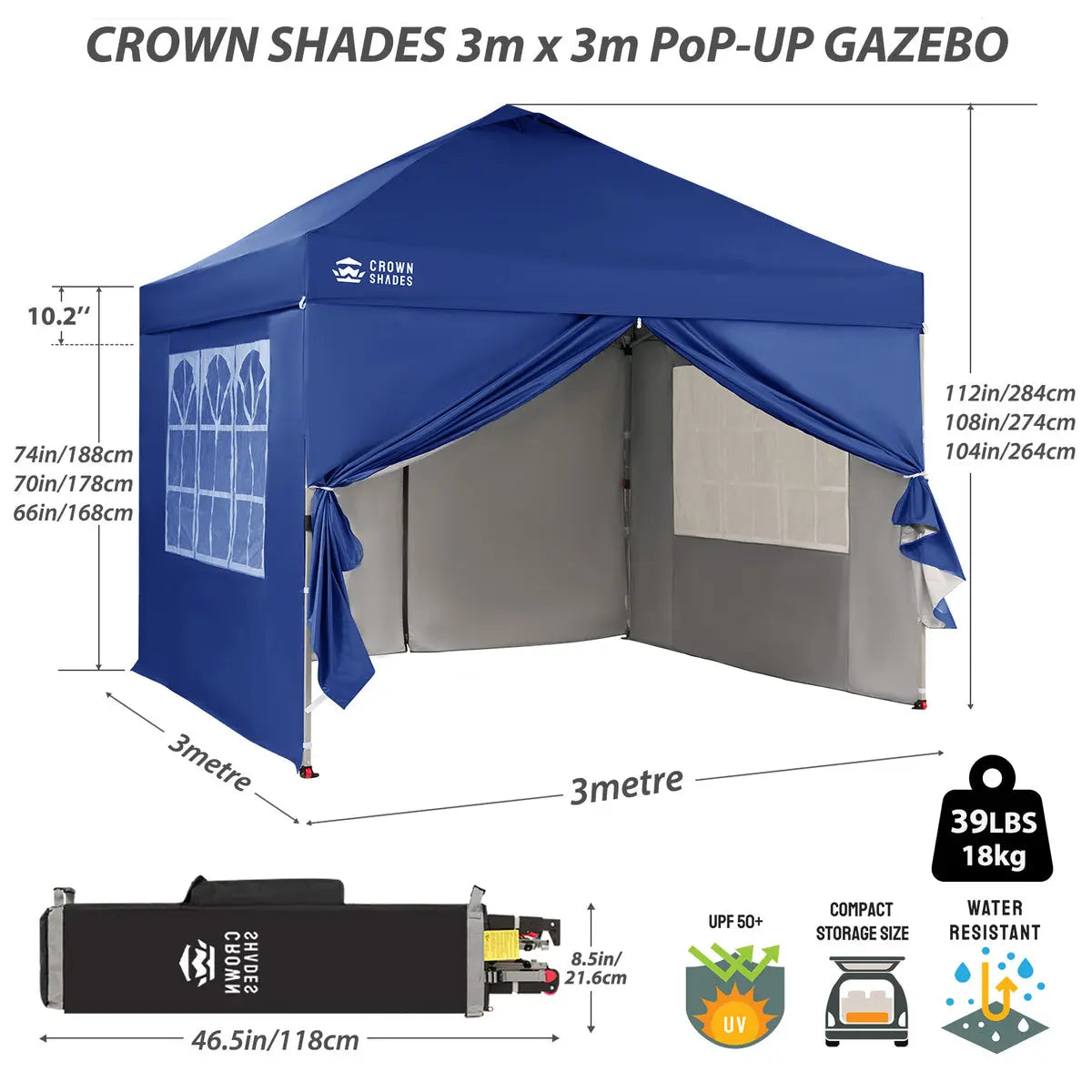 B-Ware Crown Shades Pavillon 3x3m Faltpavillon 4 Seitenwände Uv50+ Graue Version - 1