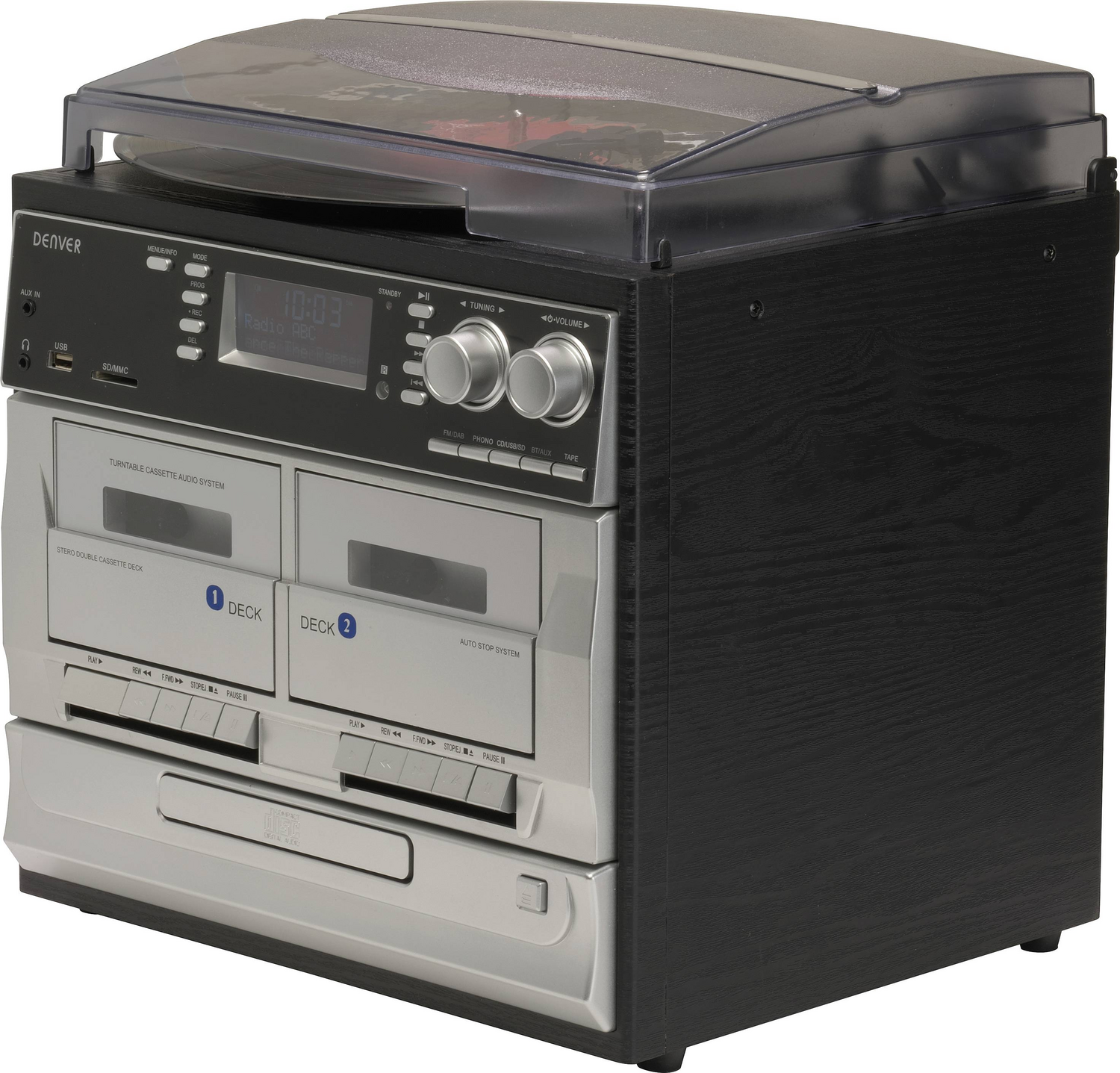 Système stéréo Denver Milliarden 166 DAB+, platine vinyle, carte SD, radio FM, fonction d'enregistrement USB (produit d'occasion).
