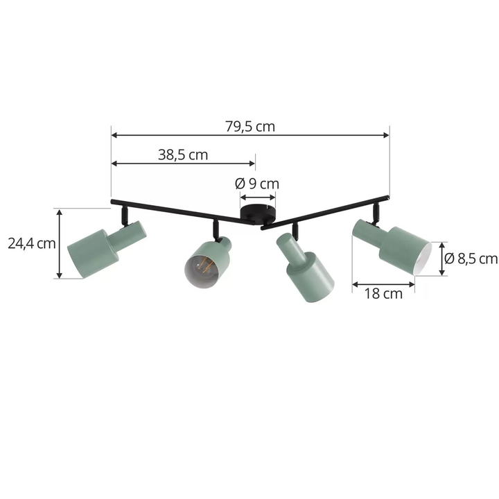 Lindby Deckenstrahler Ovelia, grün/schwarz lang Deckenlampe Strahler Lampe E27