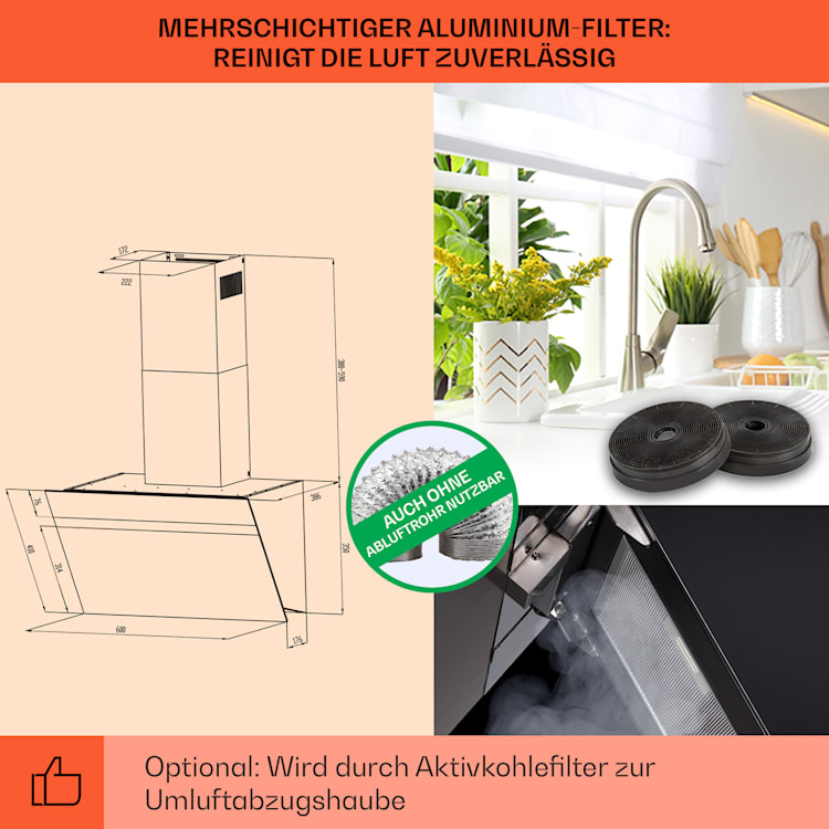 Klarstein Ava 60 Dunstabzugshaube 60cm Abluftventilator mit LED Beleuchtung