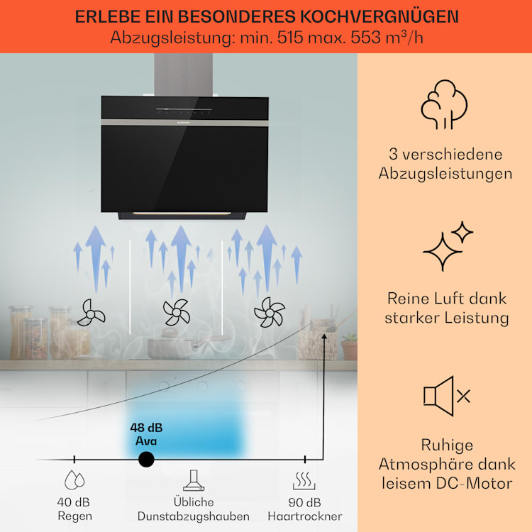 Klarstein Ava 60 Dunstabzugshaube 60cm Abluftventilator mit LED Beleuchtung