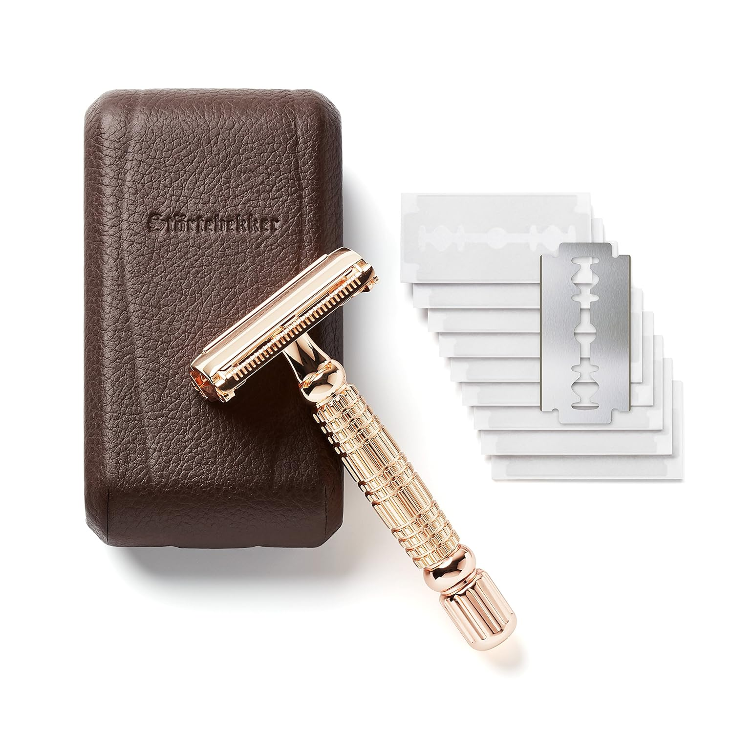 Rasoir de sûreté Störtebekker de qualité B, comprenant 10 lames, étui avec miroir, or rose 424