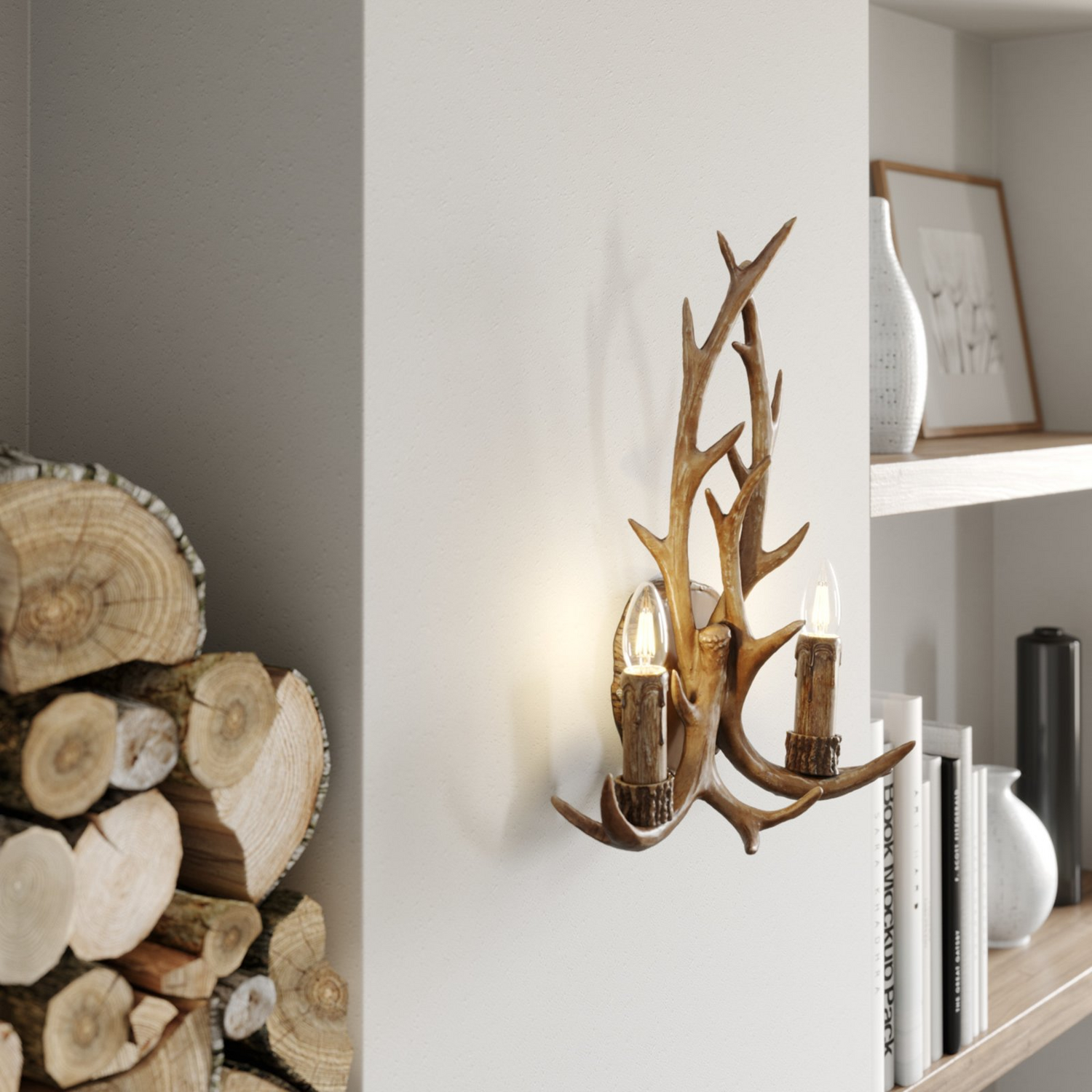 B-Ware Lindby Fibi Wandleuchte Wandlampe Wandlicht Leuchte Lampe Geweih Braun E14 Licht