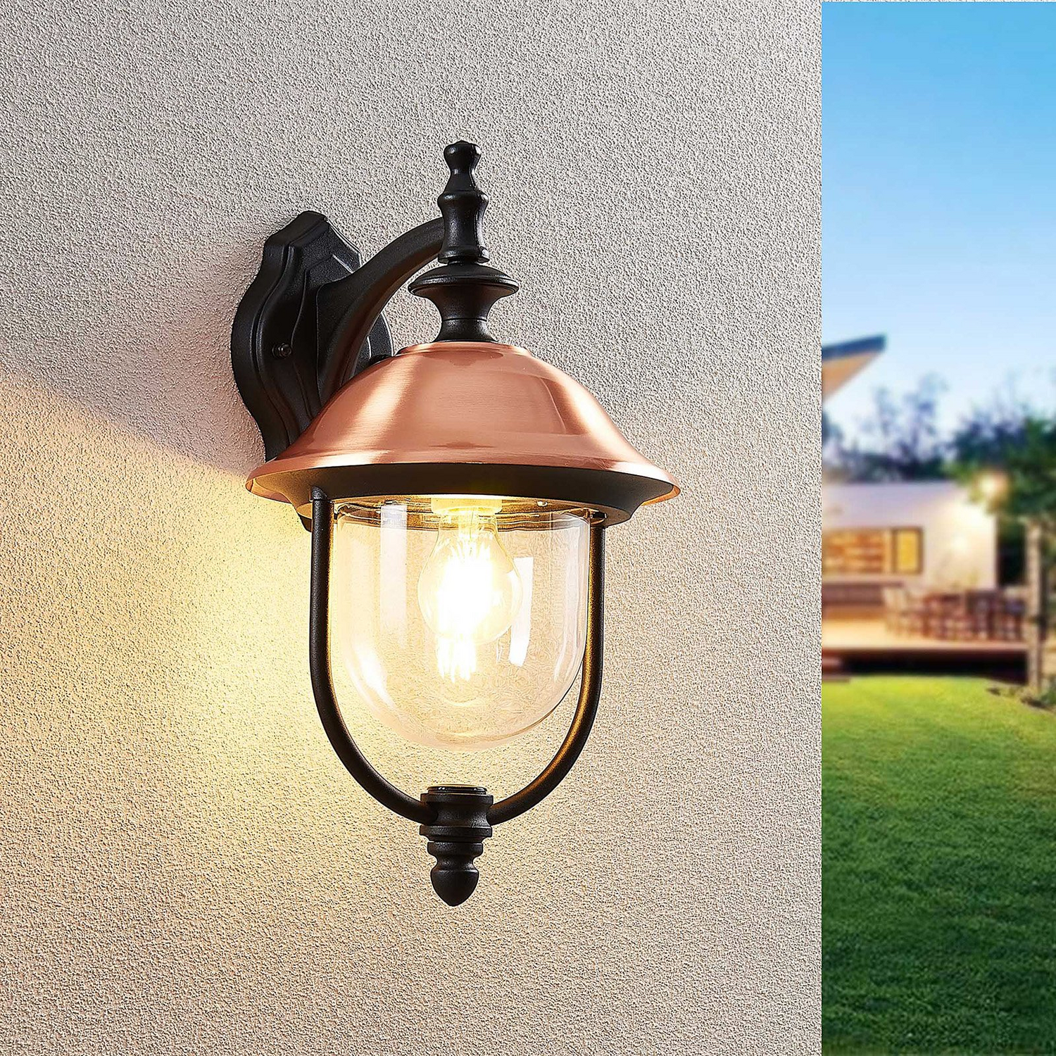 B-Ware Lindby Clint Außenwandleuchte Wandleuchte Lampe Laterne E27 Alu Schwarz Kupfer