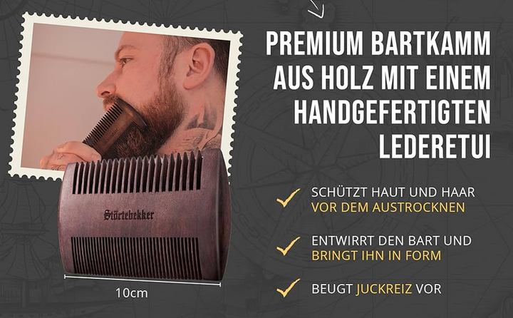 Störtebekker Bartkamm Kamm Herrenkamm Sandelholz Leder-Etui zwei Zahnungen Braun