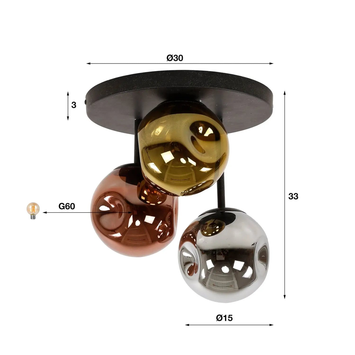 B-Ware Deckenlampe Stellar Deckenleuchte Glas Gold Silber Kupfer E27 Led 3 Flammig 30cm - 8713244074455
