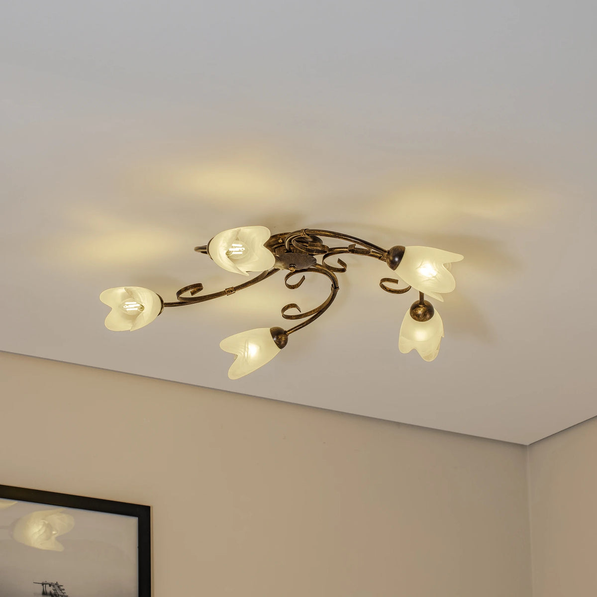 Deckenleuchte Lampe Odino Metall Glas bronze weiß satiniert E14 LED dimmbar - 8030626545984
