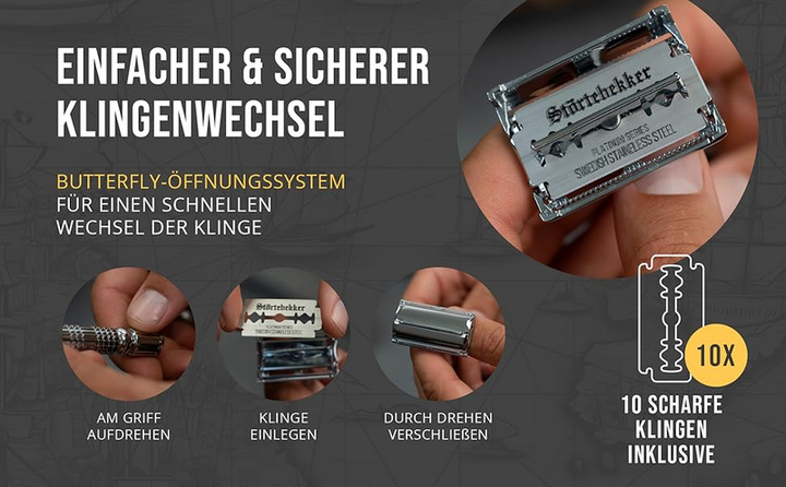 Störtebekker Rasierhobel Rasierer Nassrasier 10 Klingen Etui mit Spiegel schw235