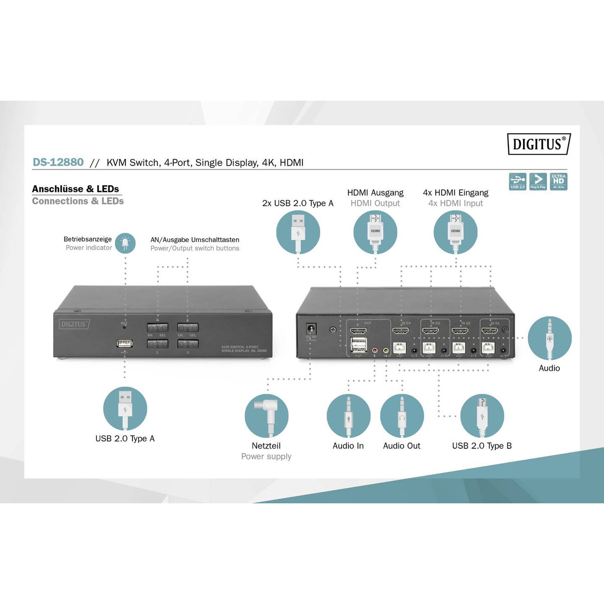 Digitus KVM Umschalter Switch HDMI 4K 4 Port USB Schwarz Schalter KVM-Switches - 4016032468639