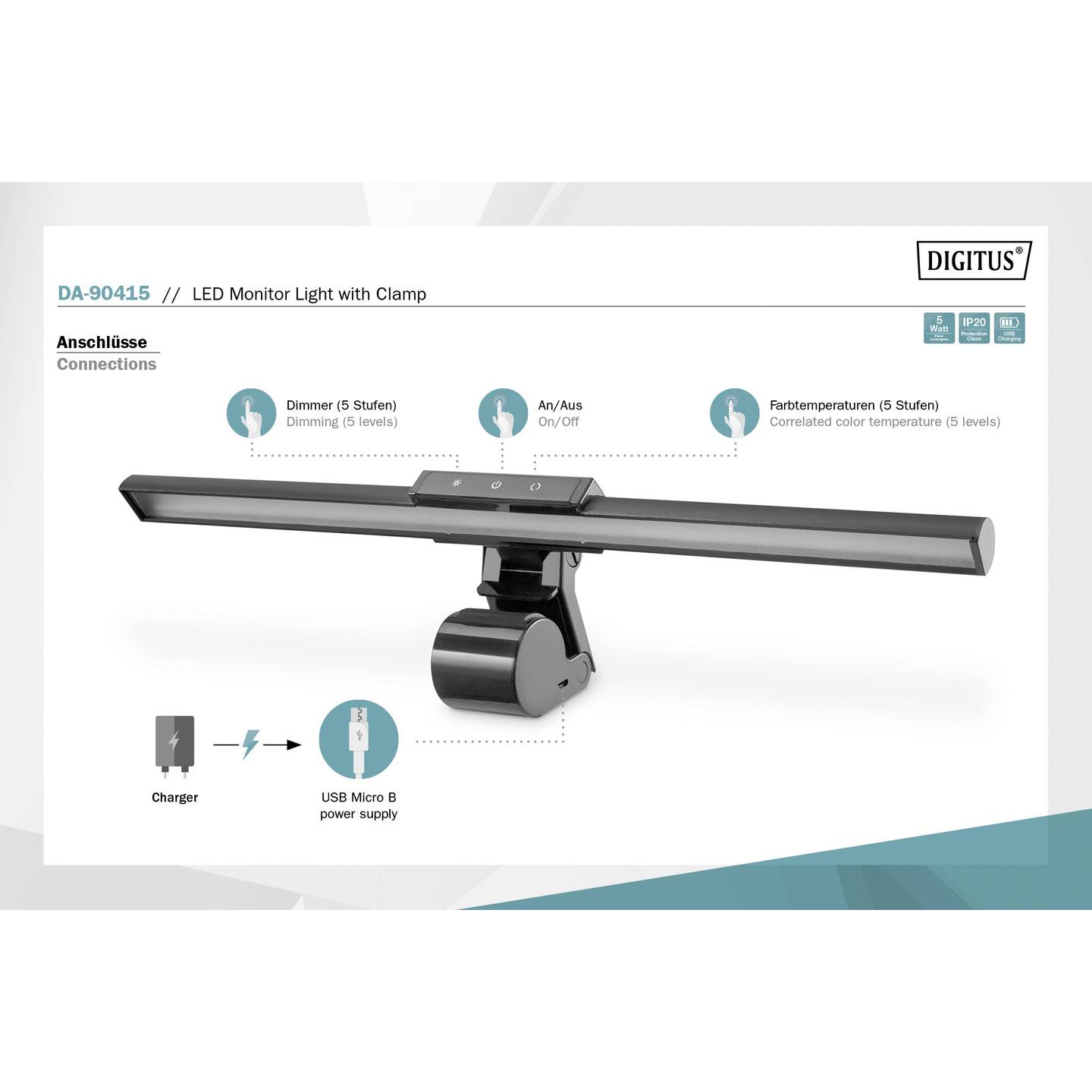 Digitus Led Monitor Leuchte Bildschirmlampe Arbeitsplatz Lichtleiste Schwarz Usb B-Ware - 4016032475033