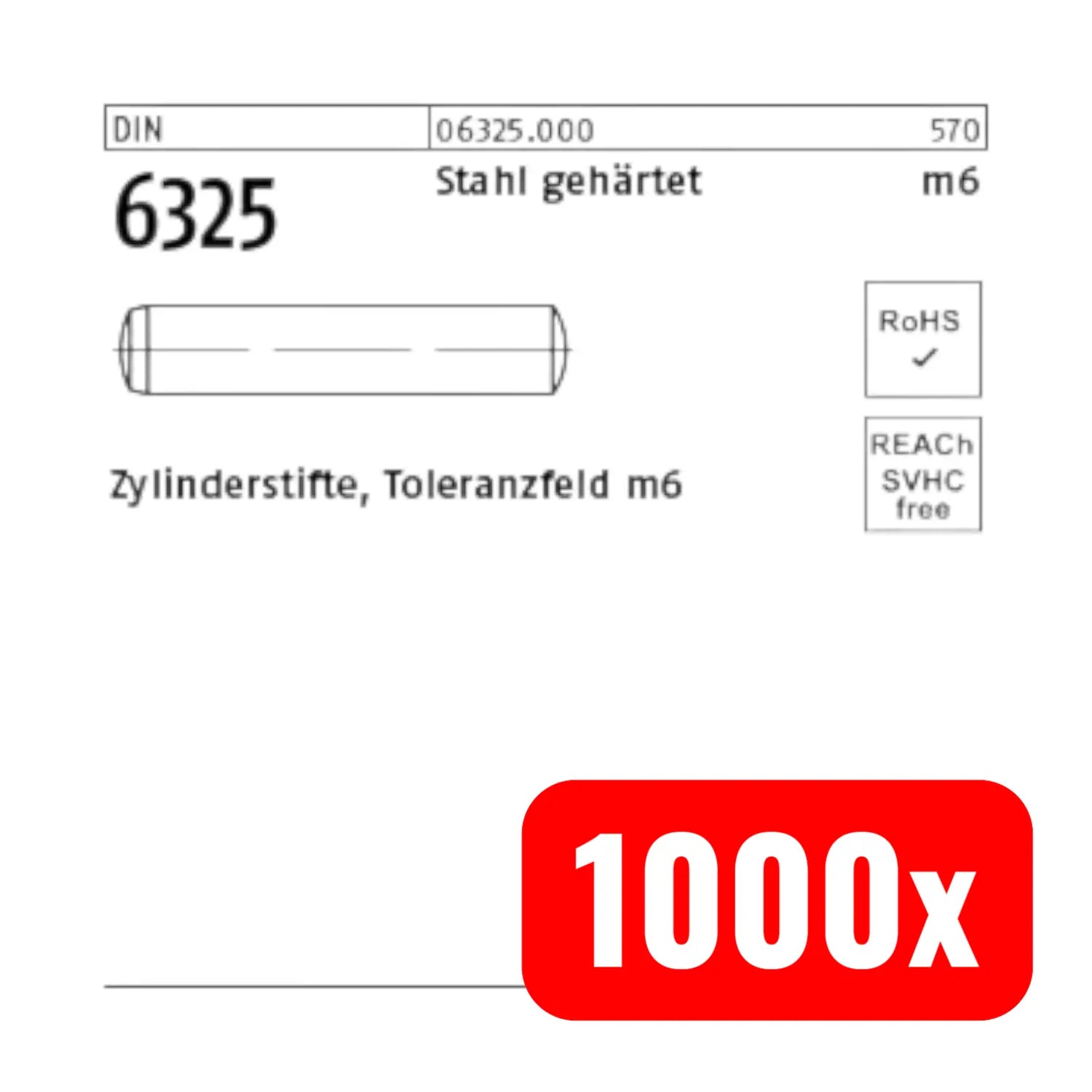 B-Ware Zylinderstifte Stift Bolzen 4 M6 X 10 Din 6325 Stahl Gehärtet 1000 Stück - 4051427175792