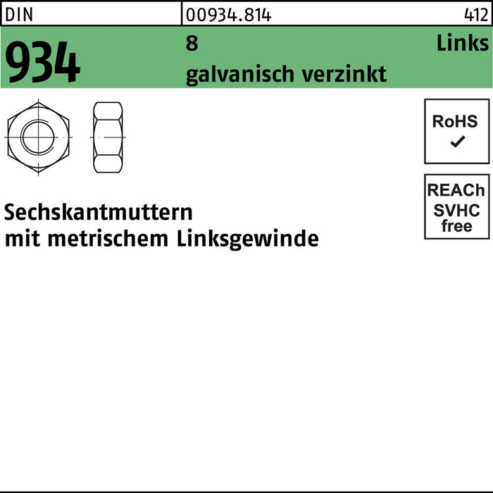 Reyher Sechskantmutter Mutter Din 934 Links M 10 Lh 8 Galvanisch 400 Stück  B-Ware - 4043952287385