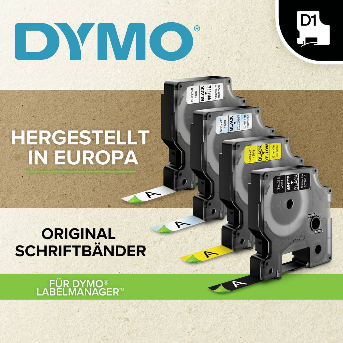 DYMO Band Schriftband Polyester Etikettenband D1 Standard Weiß Schwarz 19 mm 7 m - 5411313452137