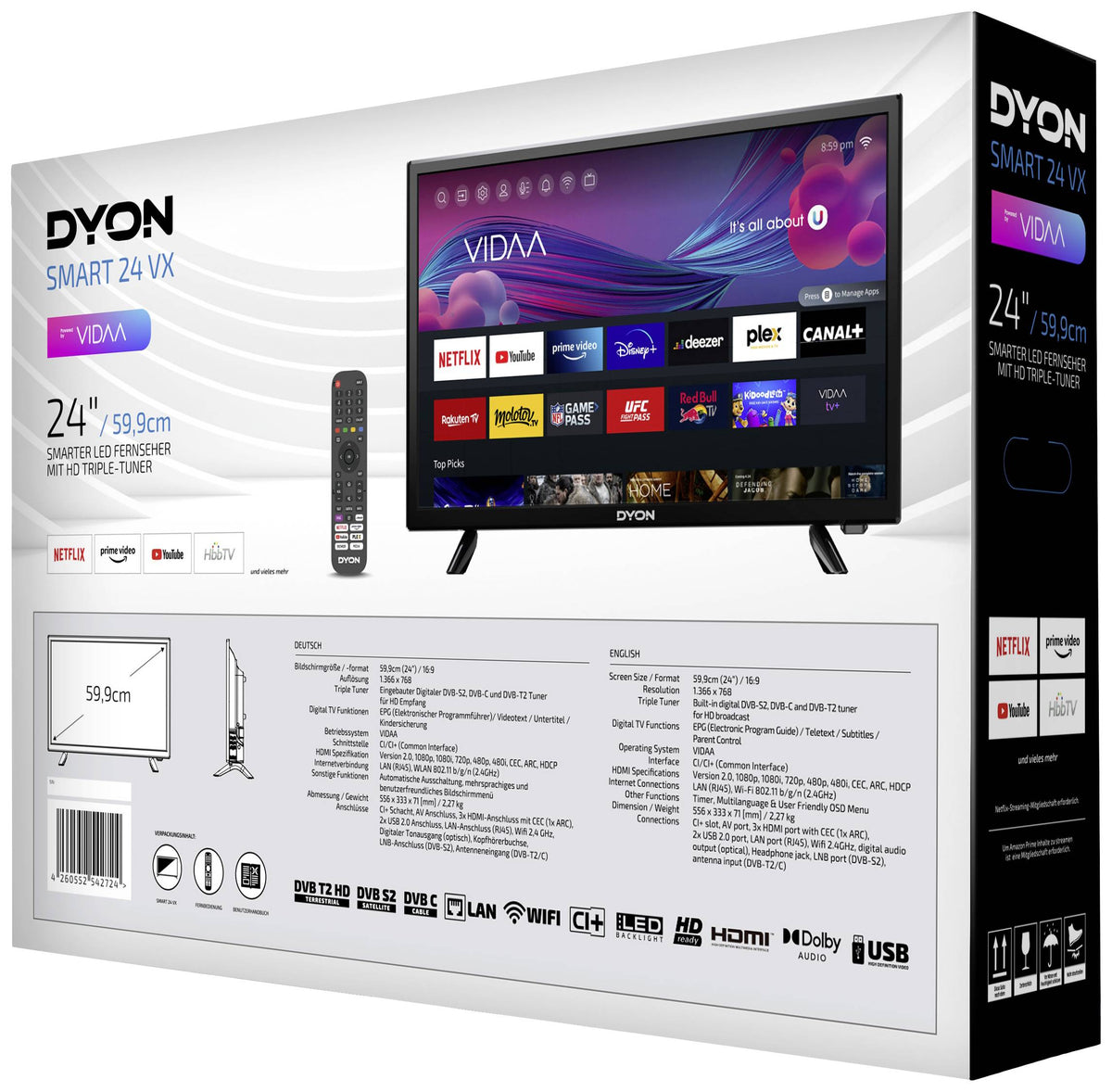 Dyon SMART 24 VX LED-TV 24 Zoll HD ready WLAN DVB-T2 DVB-C DVB-S2 Schwarz - 4260552542724