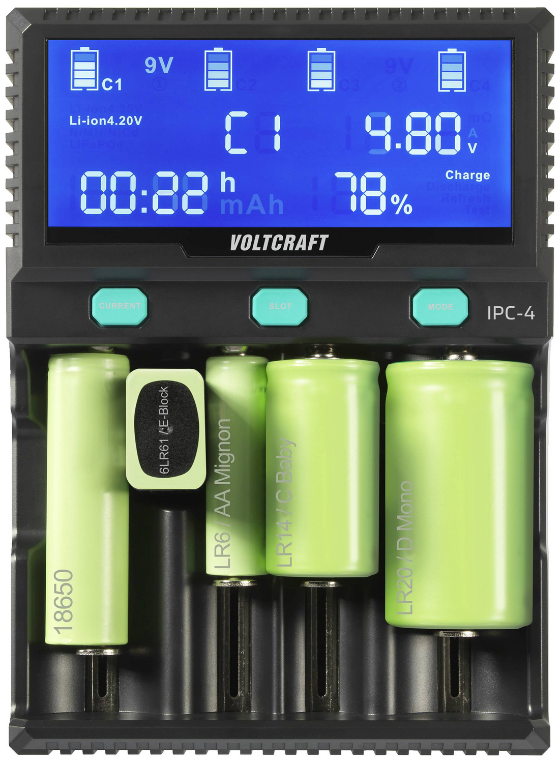 Chargeur de piles rondes VOLTCRAFT IPC-4 pour Li-ion, LiFePO4, NiMH, NiCd et LiFePO4 