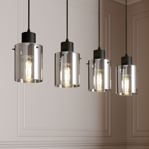 Suspension Lindby Kourtney (article de seconde main), abat-jour en verre, 4 ampoules. Culot E27, noir et gris fumé.