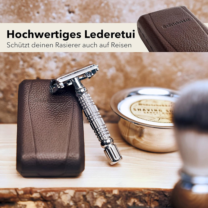 Störtebekker Rasierhobel Rasierer 10 Ersatzklingen Reiseetui Spiegel Silber B-Ware