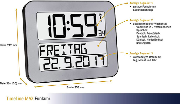 TFA 60.4512.54 Funk Wanduhr 258 x 212 x 30 mm Silber Schwarz Großes Display