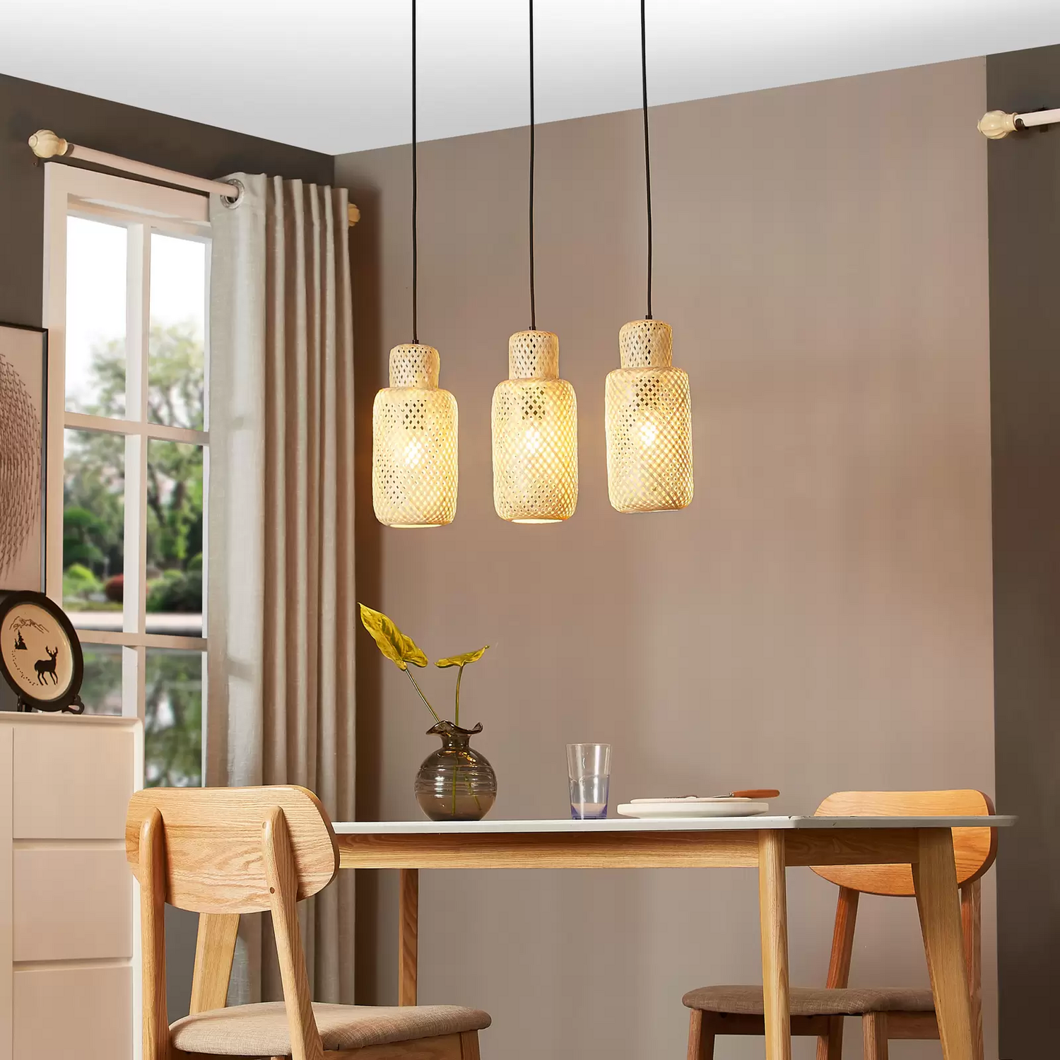 B-Ware Lindby Venora Hängeleuchte Bambus Länglich 3fl Deckenleuchte Hängelampe Lampe