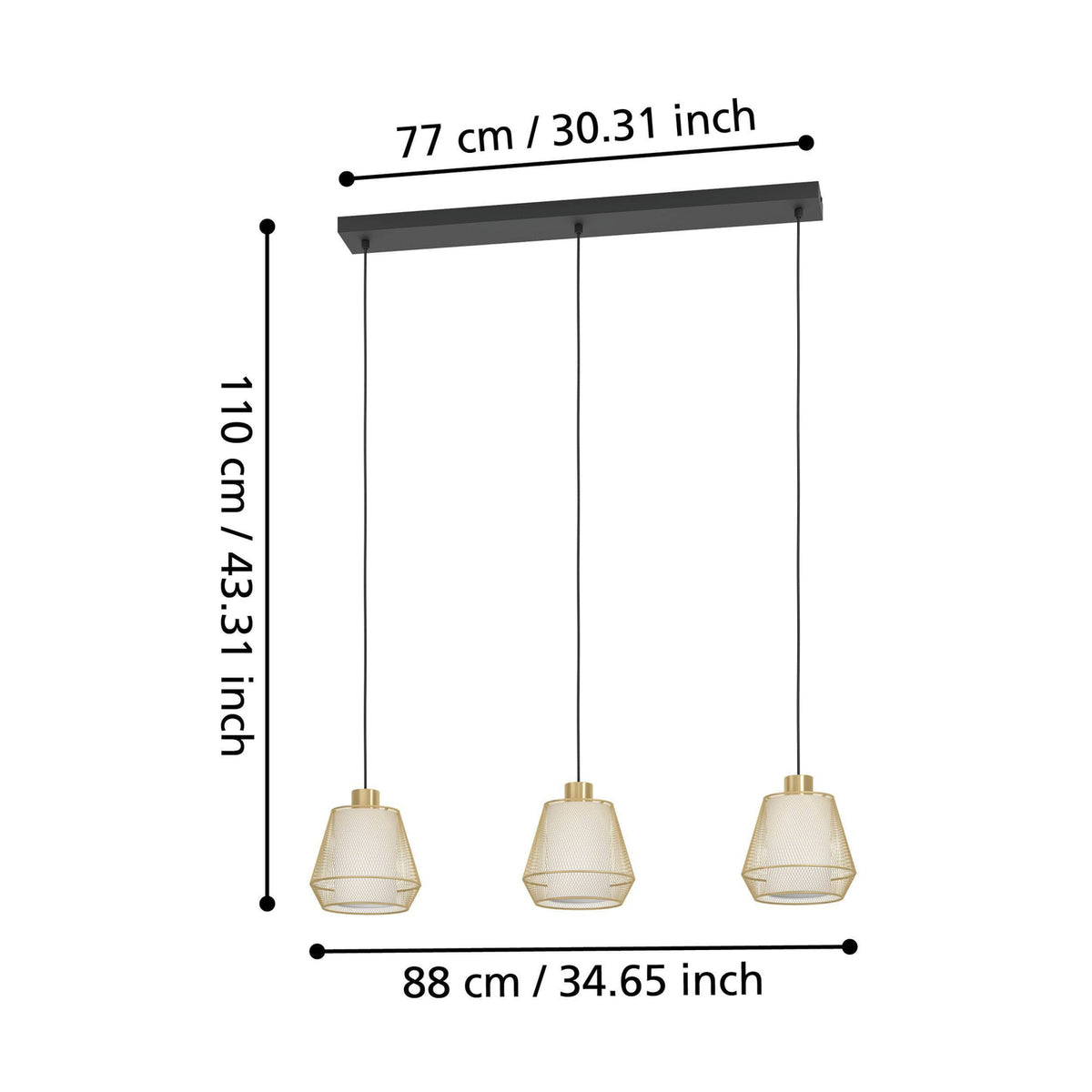 Eglo Hängeleuchte Pendelleuchte Ciudadela schwarz messing 3 flammig 88 cm - 9008606274680