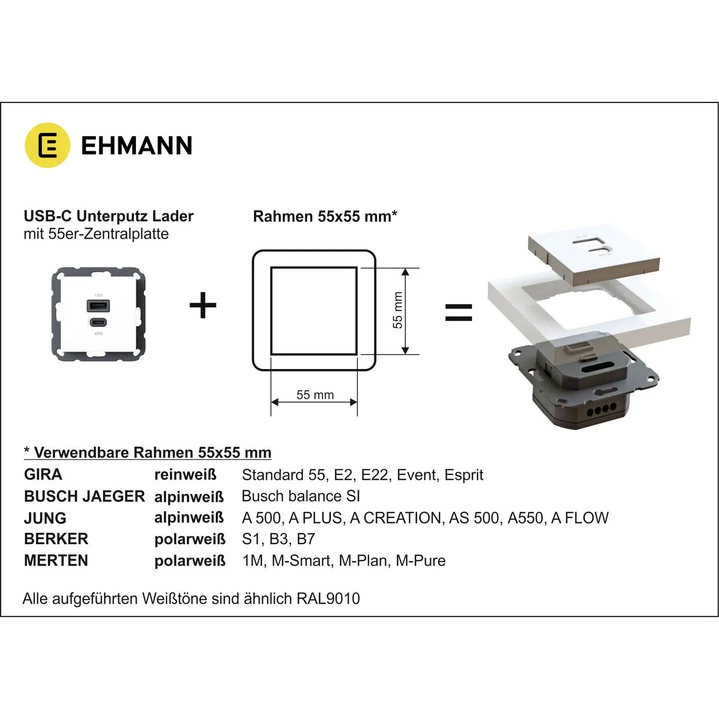 B-Ware Ehmann Usb Steckdose Ladegerät Unterputzeinsatz Uni Weiß Abdeckung 55 X 55 Mm  - 4012096011514