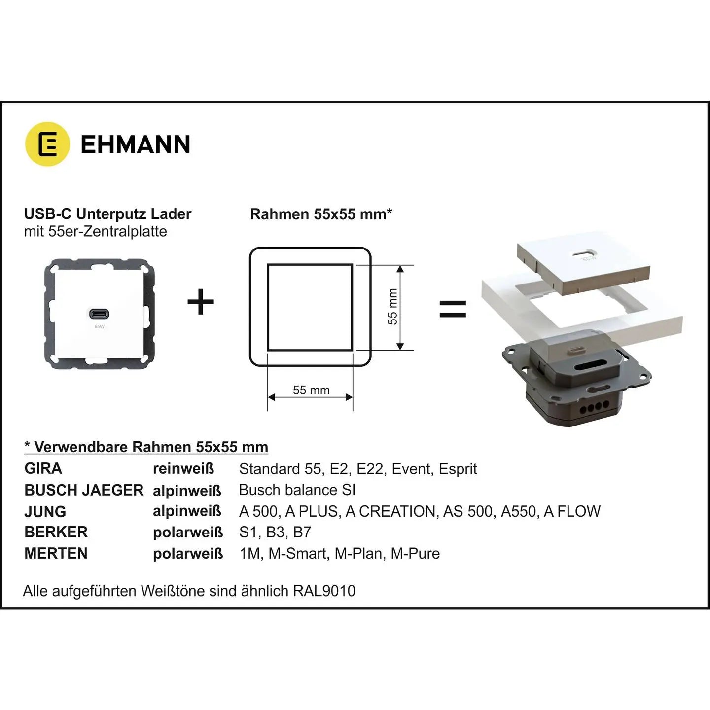 B-Ware Ehmann Usb C Unterputz Lader Ladegerät T65.00 Professional Schnellladefunktion - 4012096011507