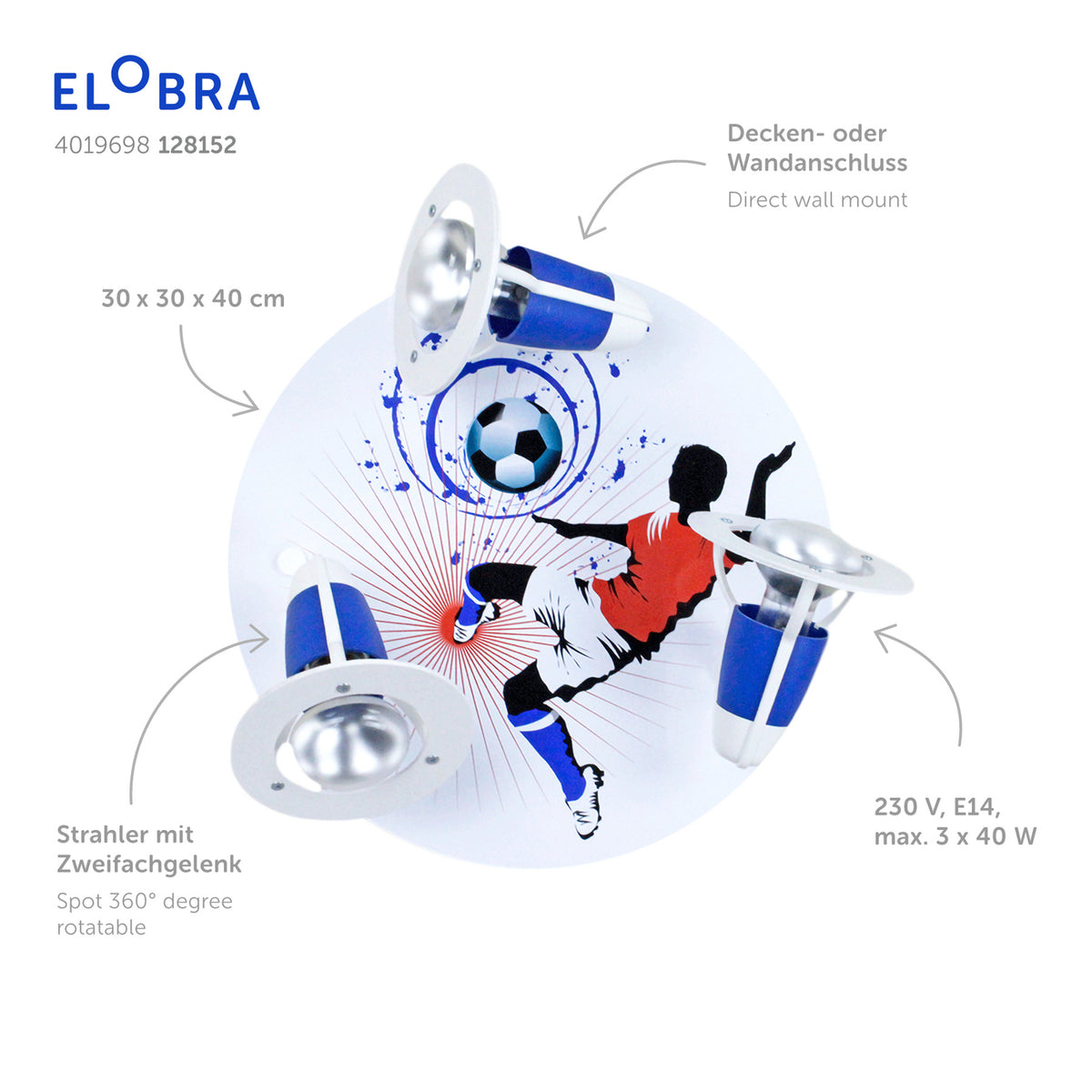 Elobra Deckenleuchte Lampe Soccer Kinderzimmer blau weiß Holz LED Kinderlampe - 4019698128152