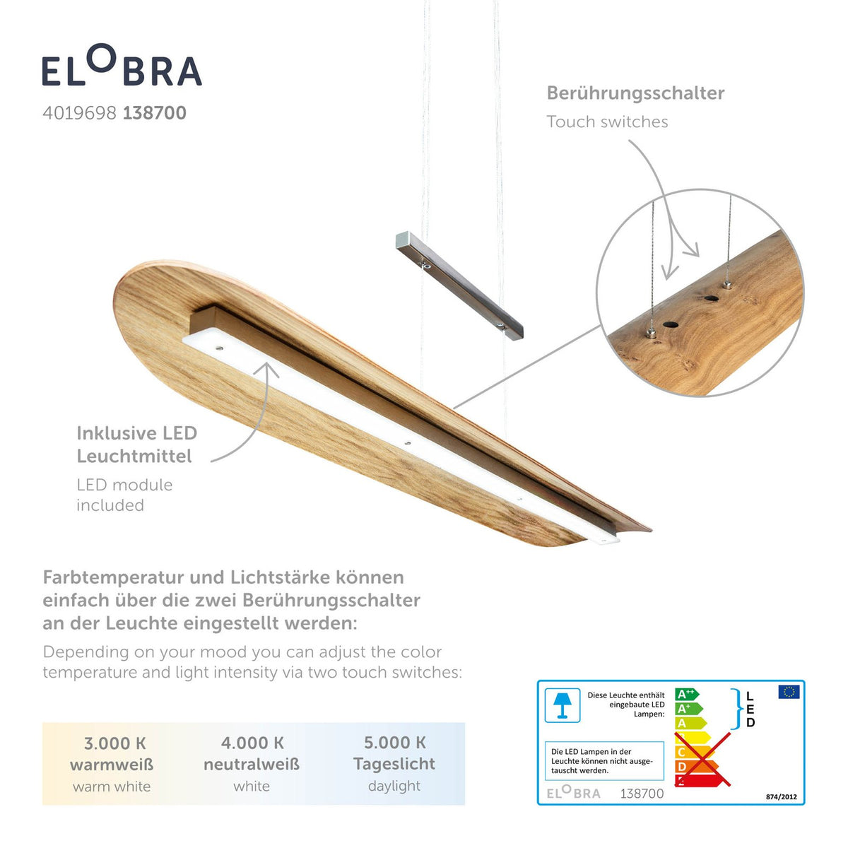 Elobra Pendelleuchte Hängelampe LED Colombia XL Touchdimmer Asteiche natur Holz - 4019698138700