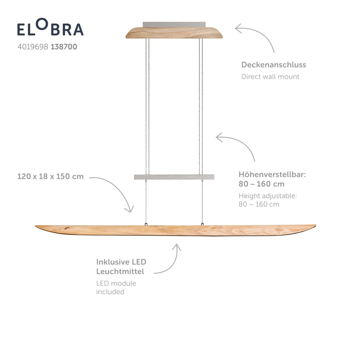 Elobra Pendelleuchte Hängelampe LED Colombia XL Touchdimmer Asteiche natur Holz - 4019698138700
