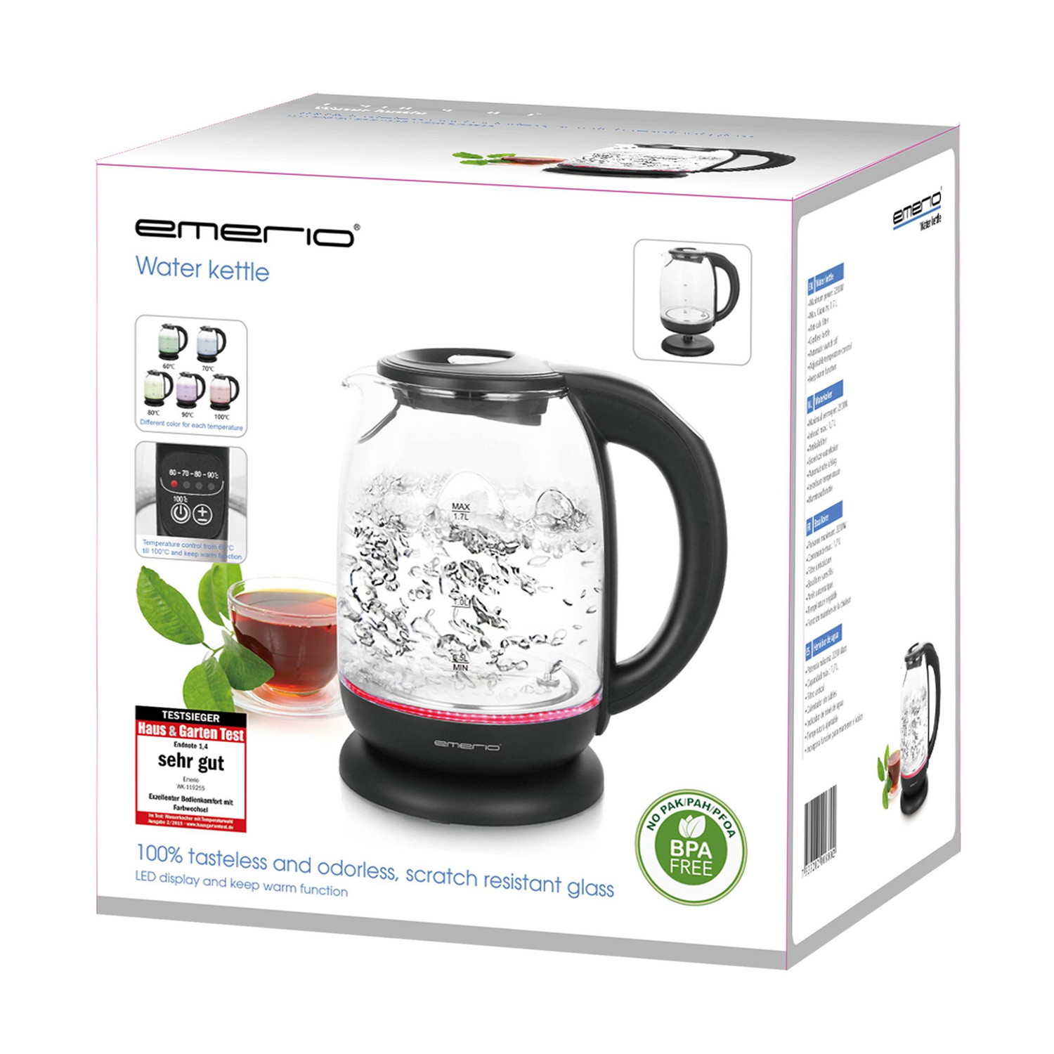 B-Ware Emerio Wasserkocher Kocher Edelstahl Glas Schnurlos 1.7 L 2200 W Küchengerät