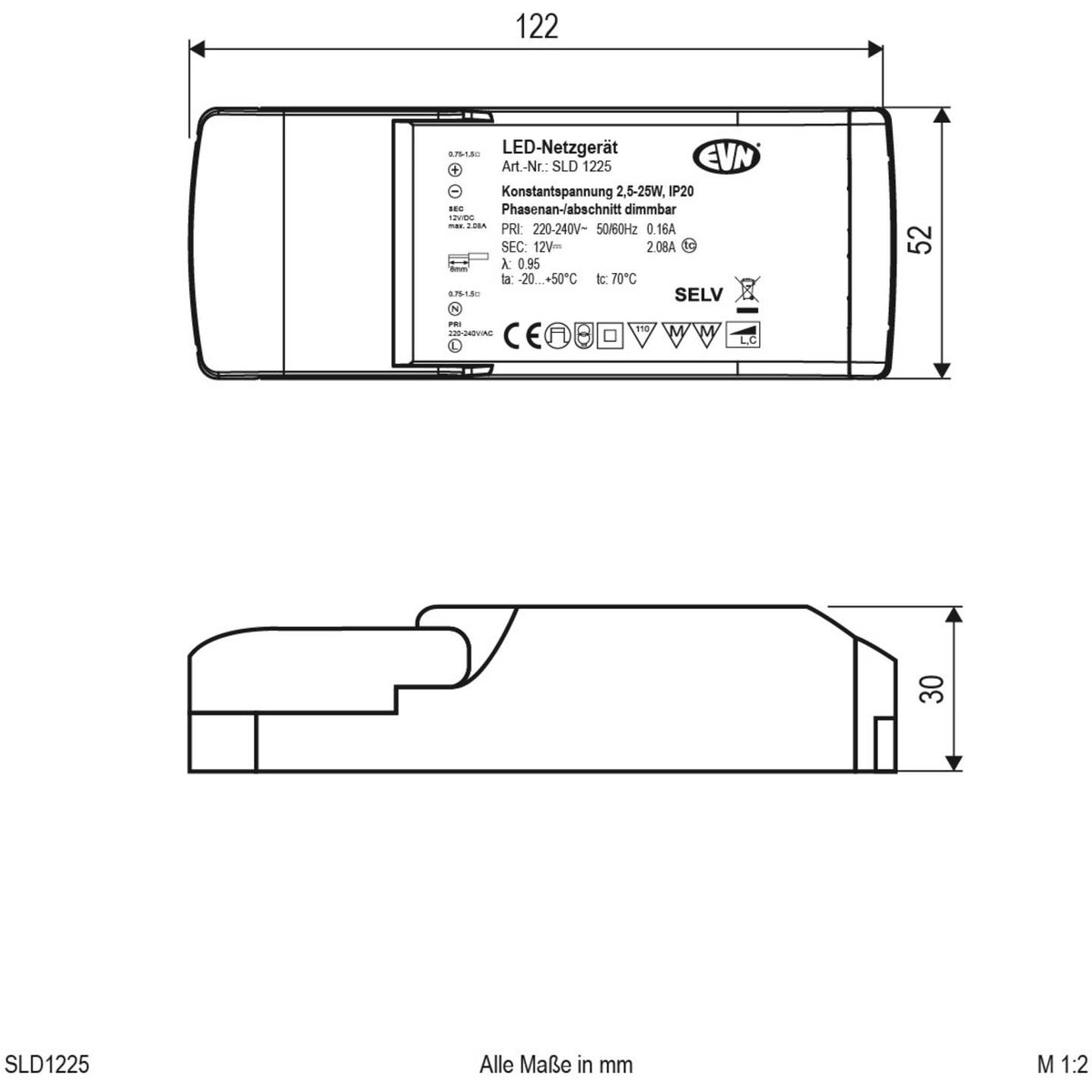 EVN LED Trafo Netzteil Transformator Konstantspannung 12V DC Dimmbar SLD1225 - 4037293004862