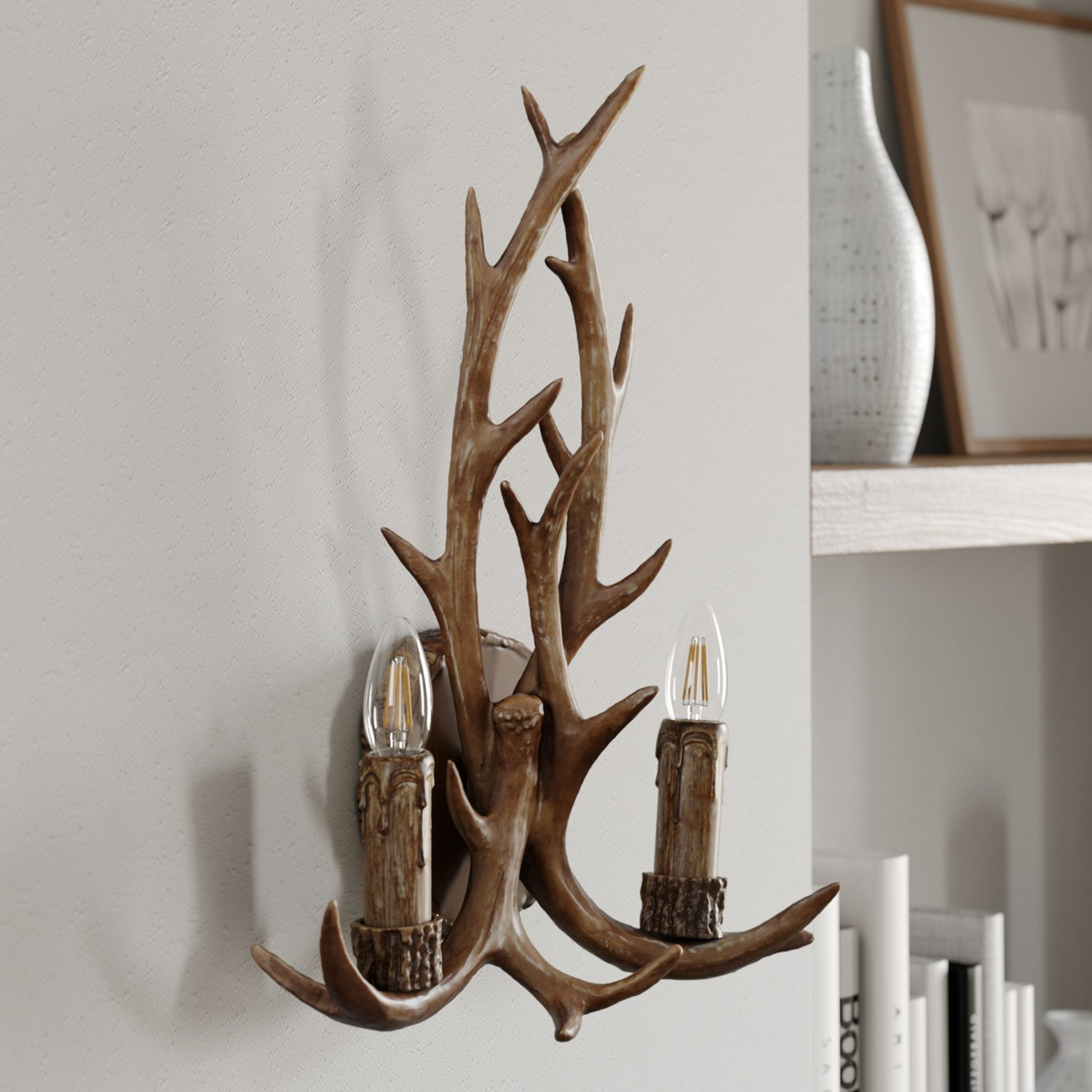 B-Ware Lindby Fibi Wandleuchte Wandlampe Wandlicht Leuchte Lampe Geweih Braun E14 Licht