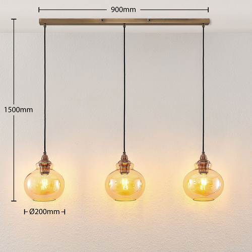 Suspension en verre Lindby Tymoni, ampoules ambrées, 3 ampoules, produit de seconde main.