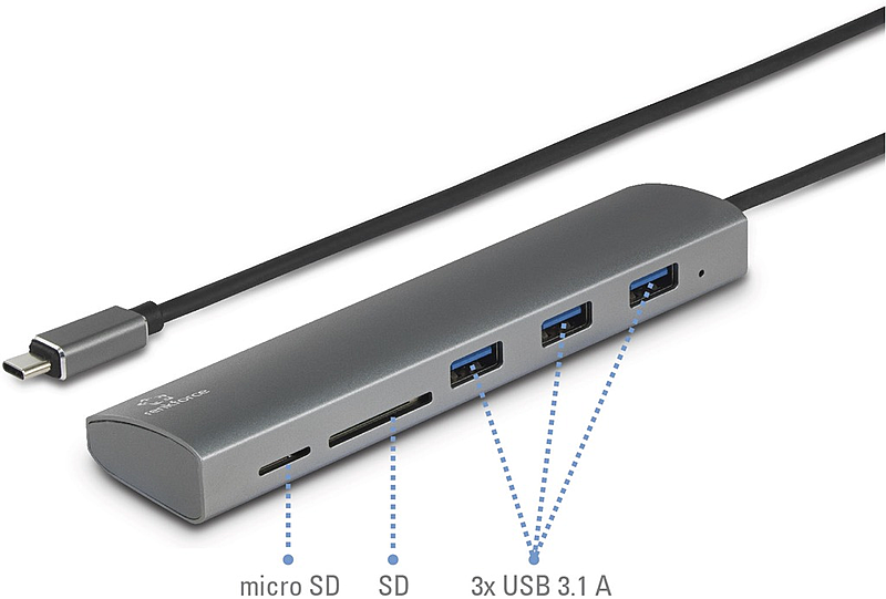 Hub USB 3.1 Renkforce 3+2 ports avec lecteur de carte SD intégré, boîtier en aluminium