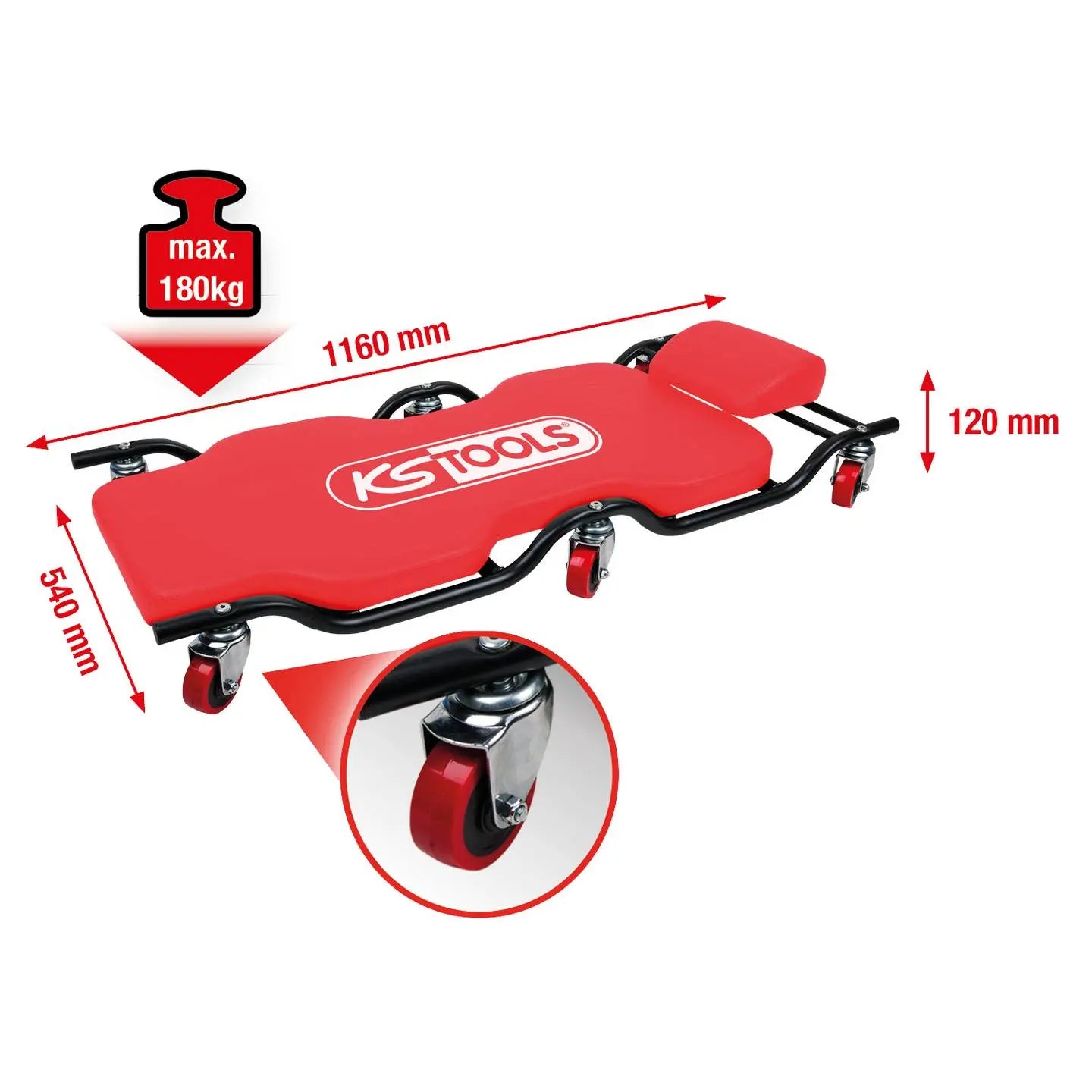 B-Ware Ks Tools Fahrbare Liege Rollbrett Transportroller Metall L X B 1160 X 540 Mm Rot - 4042146713525