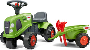 B-Ware Falk Trettraktor Bagger Kinderfahrzeug Claas grün mit Deichsel Schaufel Schwader