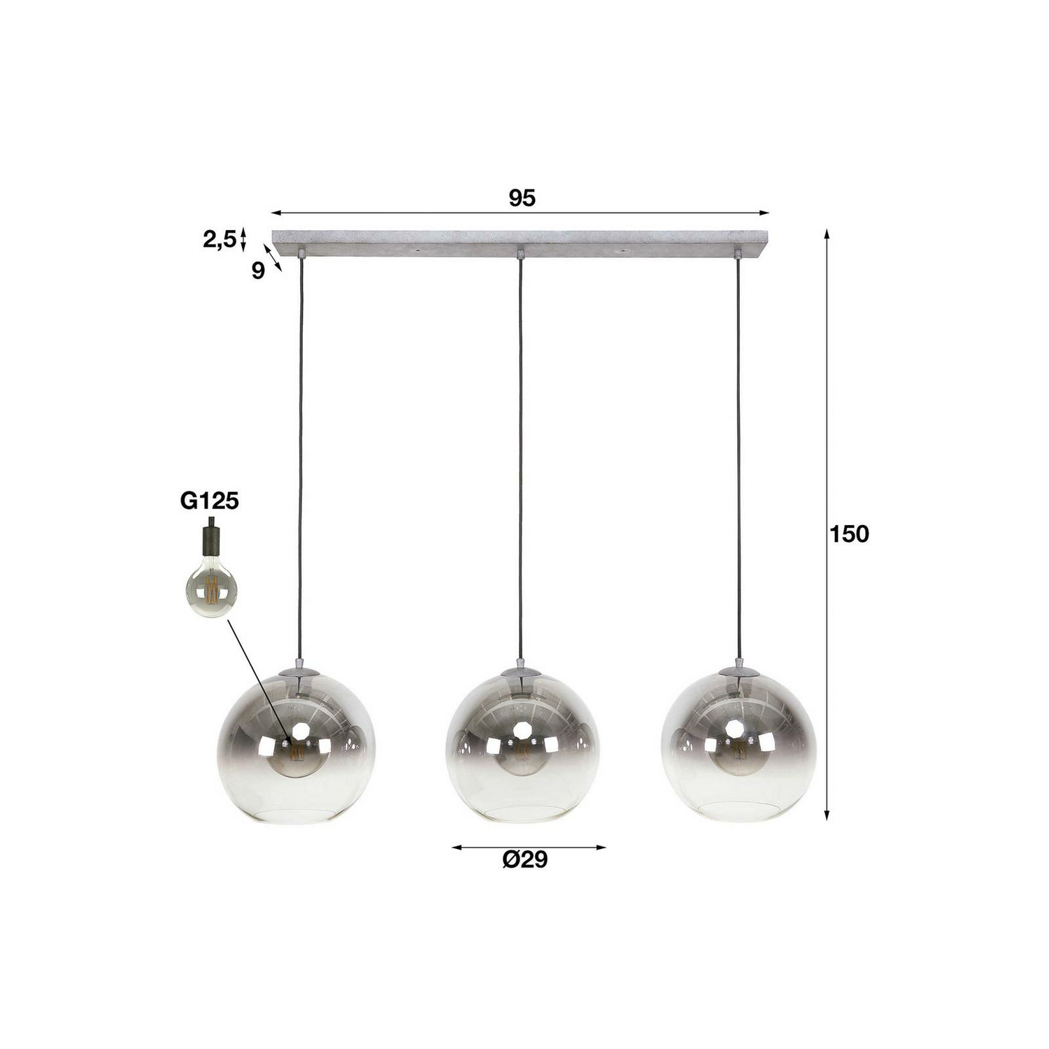 Suspension Alessandra, plafonnier, abat-jour en verre, trois lumières, E27, produit de seconde main