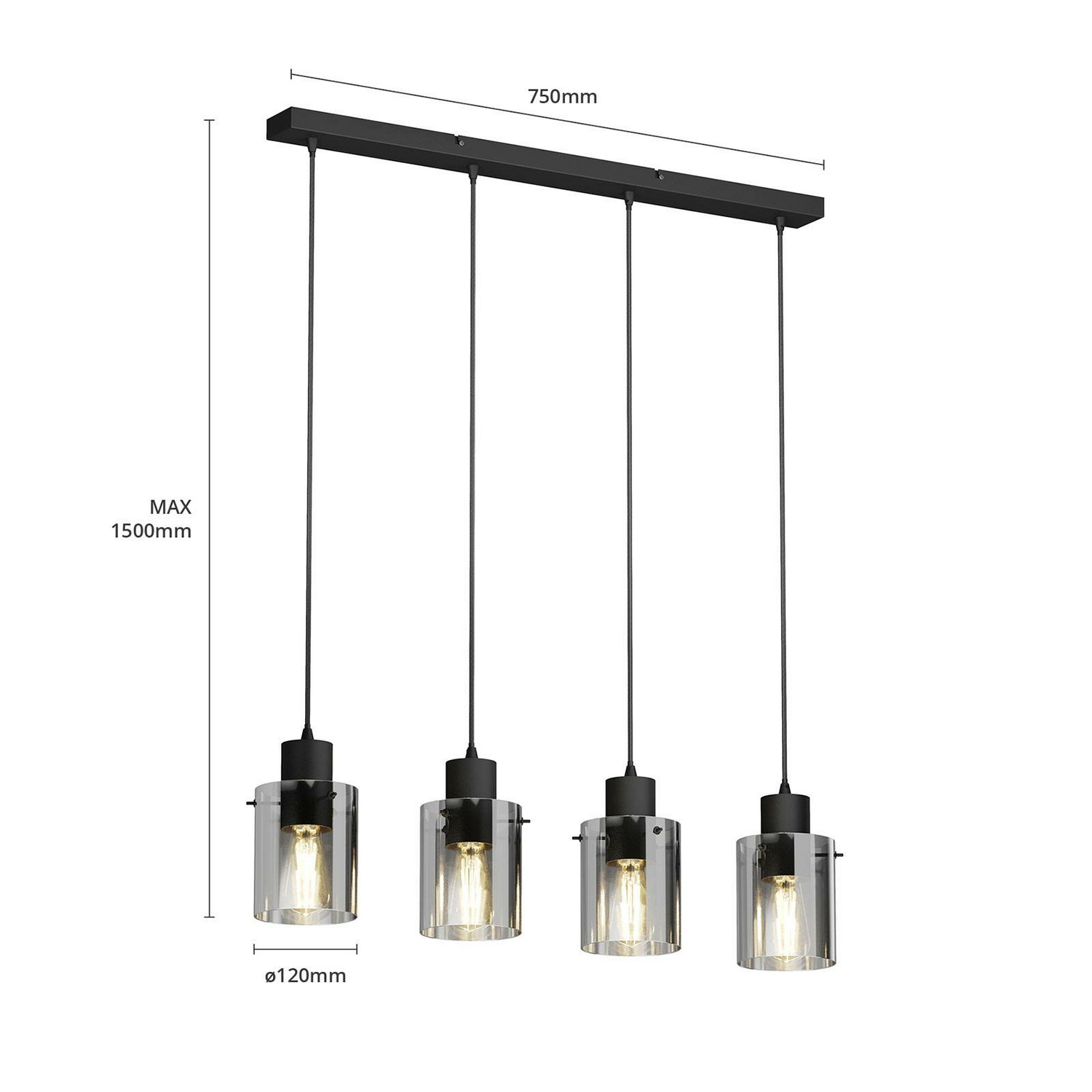 B-Ware Lindby Kourtney Hängeleuchte Hängeleuchte Glasschirm 4 Fl. E27 Schwarz Rauchgrau