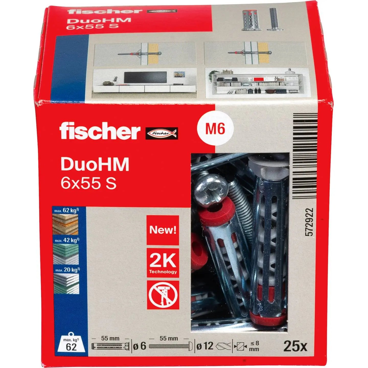 B-Ware Fischer Hohlraumdübel Plattendübel Duo Hm 6x55 Schraube Trockenbau 25 Stück - 4048962524000