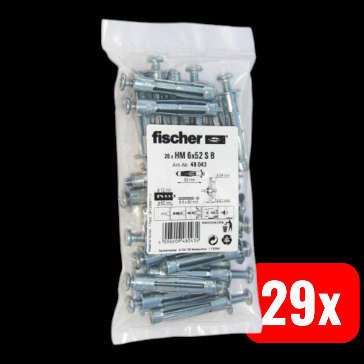 Fischer Hohlraum-Metalldübel Anker Dübel HM 6x52 S B 20 Metallbefestigung 29x - 4006209480434
